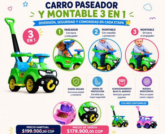 Carro Paseador Y Montable 3 En 1